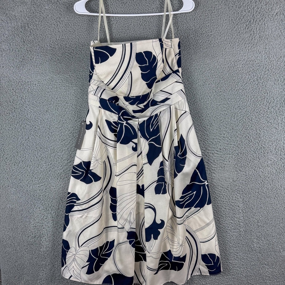 Ann‎ Taylor Silk Dress Womens 4 White Navy Blue Strapless Floral Midi New $148